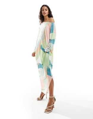Never Fully Dressed Jem off shoulder midaxi dress in pastel print - ASOS Price Checker
