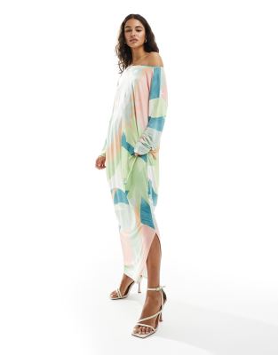 Never Fully Dressed - Jem - Schulterfreies, wadenlanges Kleid mit pastellfarbenem Muster-Bunt