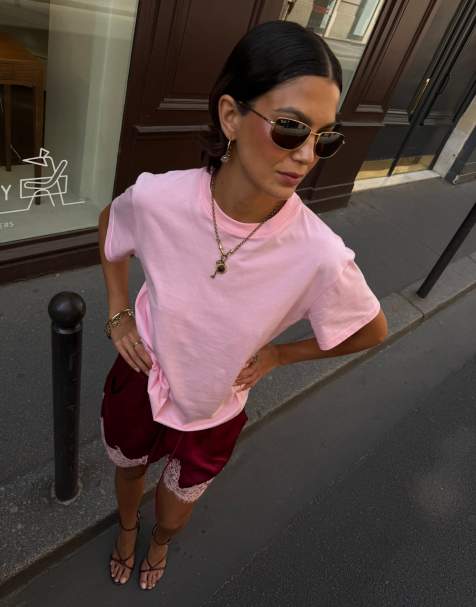 Never Fully Dressed jersey 2-in-1 asymmetric lace detail t-shirt in pink and red - view 1
