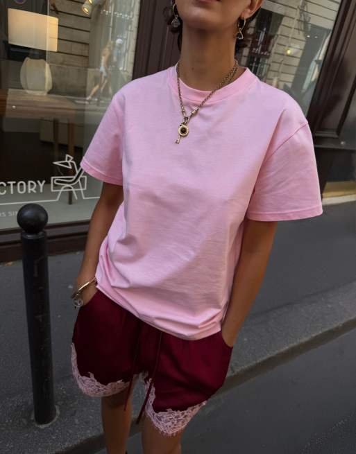 Never Fully Dressed jersey 2-in-1 asymmetric lace detail t-shirt in pink and red, 2 of 3