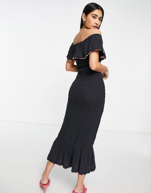 Never Fully Dressed Jojo Pom Pom shirred midi dress in black