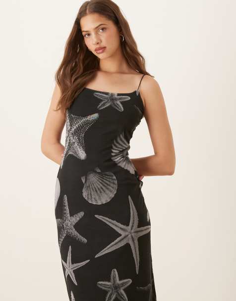 Never Fully Dressed - Jurk van mesh met bandjes en print van schelpen in zwart - view 1