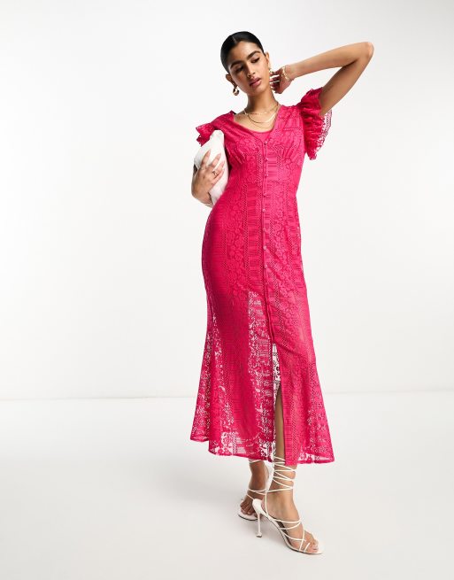 Never Fully Dressed - Kanten midaxi jurk met ruches aan de mouwen in roze