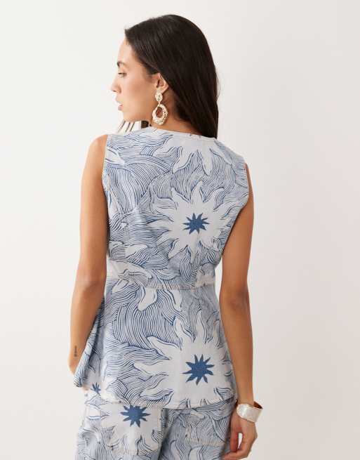 Never Fully Dressed katoenen denim twill lange gilet co-ord set met blauw soleilprint, 4 van 4