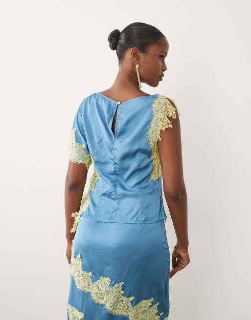 Never Fully Dressed Kira satin slash neck asymmetric short sleeve lace detail top co-ord in blue, 4 of 4