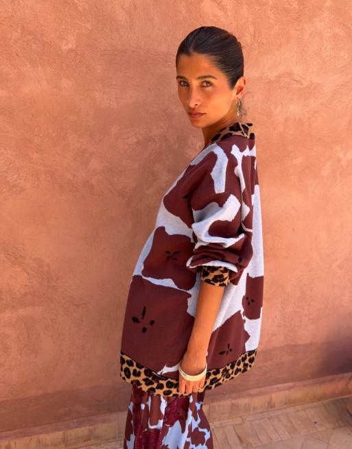 Never Fully Dressed Kirsty v neck button down long line knit cardigan in leopard print, 3 of 4