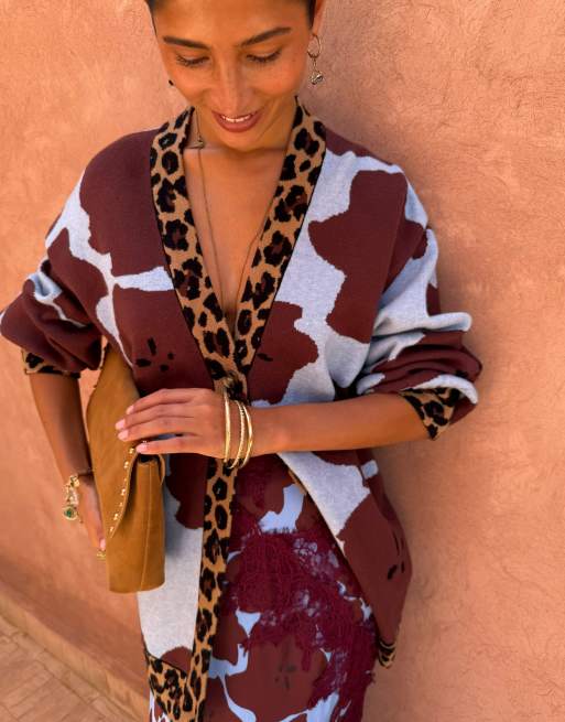 Never Fully Dressed Kirsty v neck button down long line knit cardigan in leopard print, 4 of 4