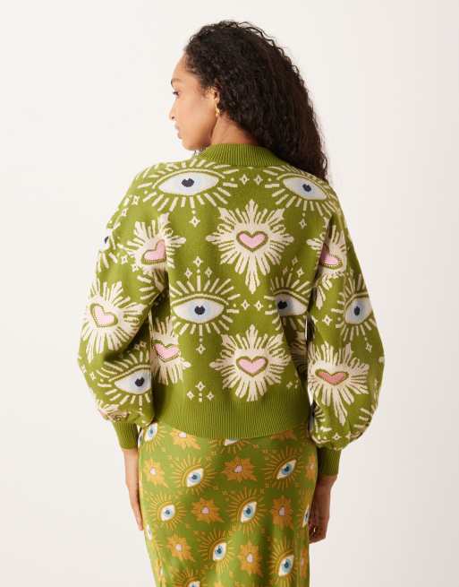 Never Fully Dressed knit cardigan in green eye print - part of a set | ASOS