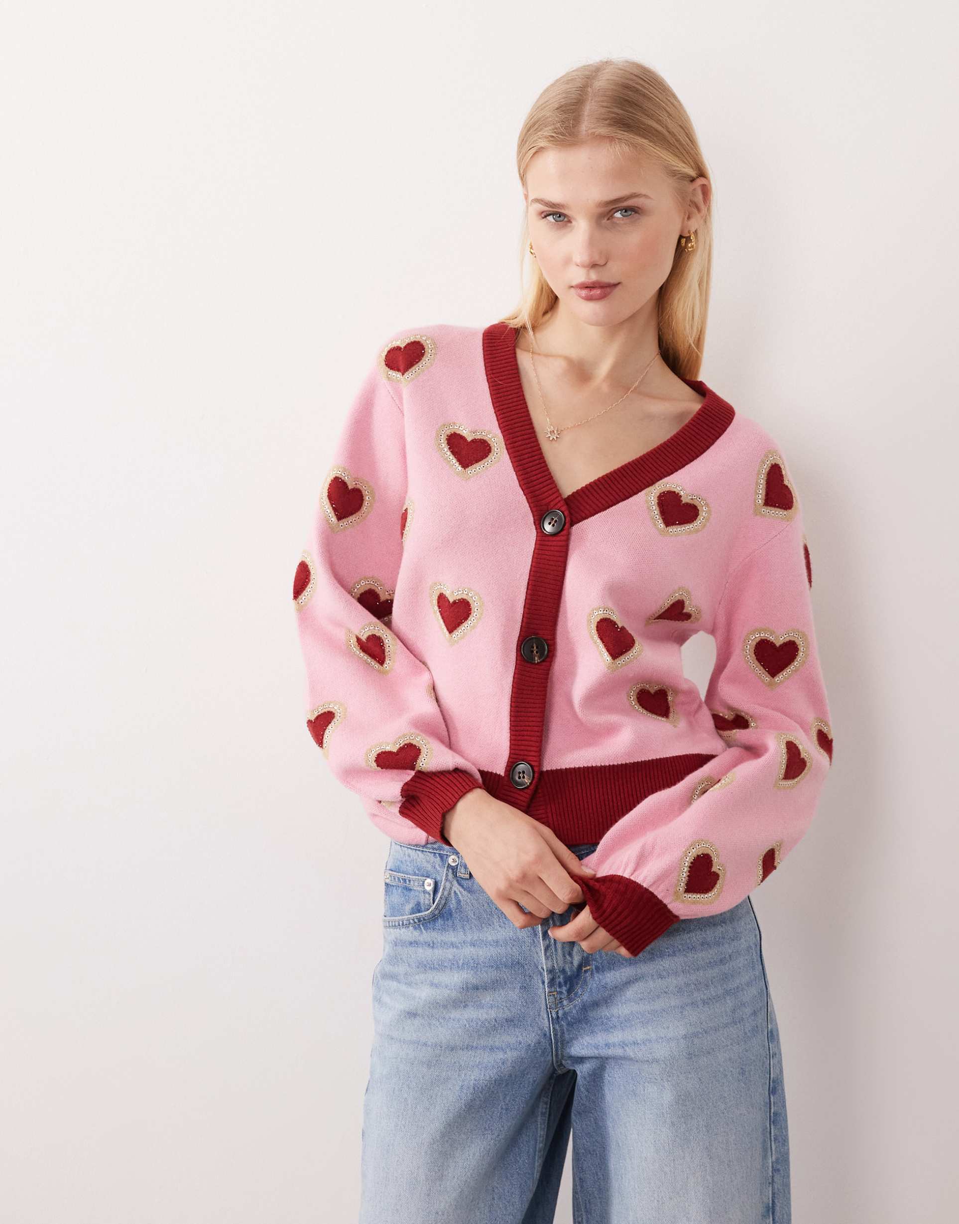 never fully dressed knit cardigan in pink heart print - part of a set