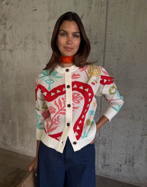 Never Fully Dressed knit crew neck cardigan in bright graphic print - view 1