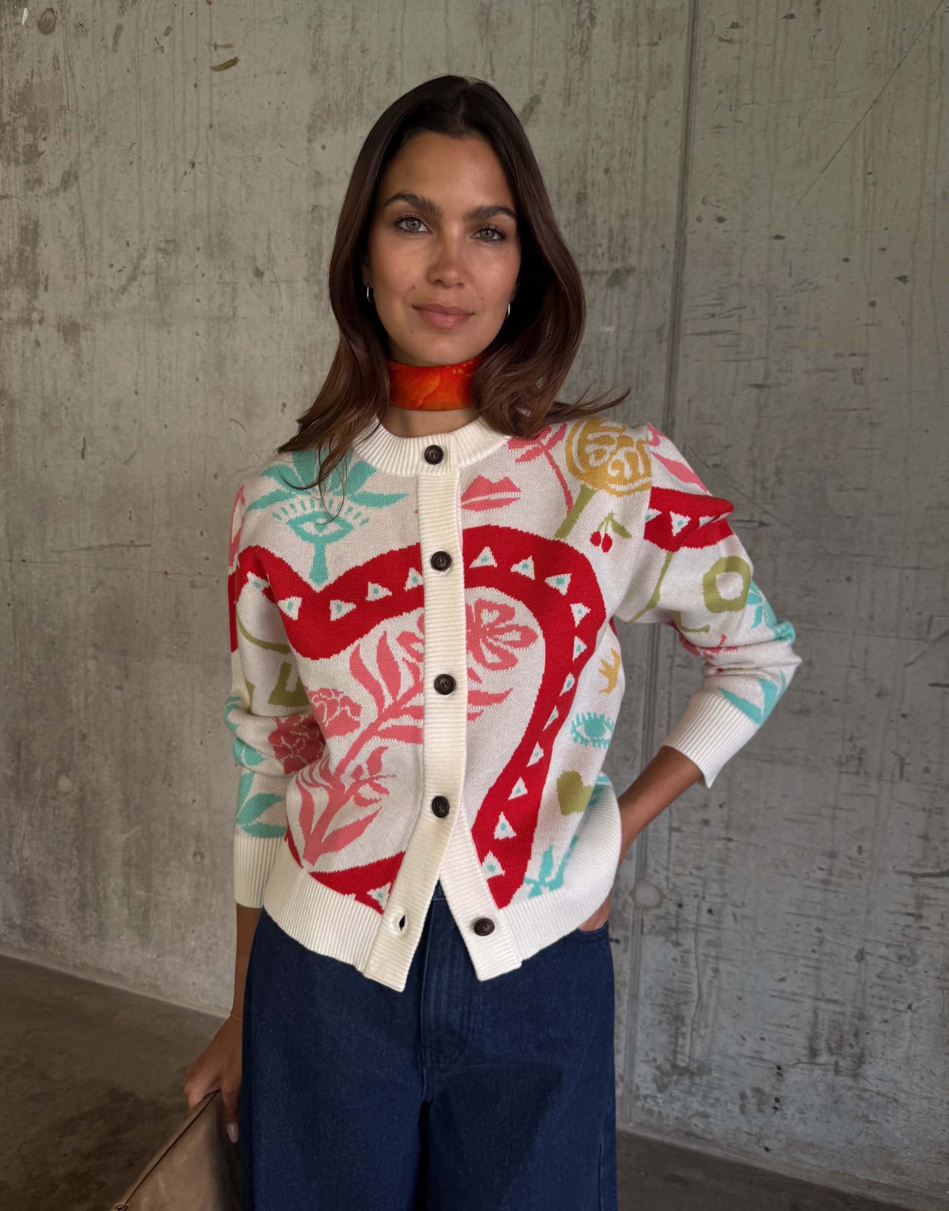 never fully dressed knit crew neck cardigan in bright graphic print