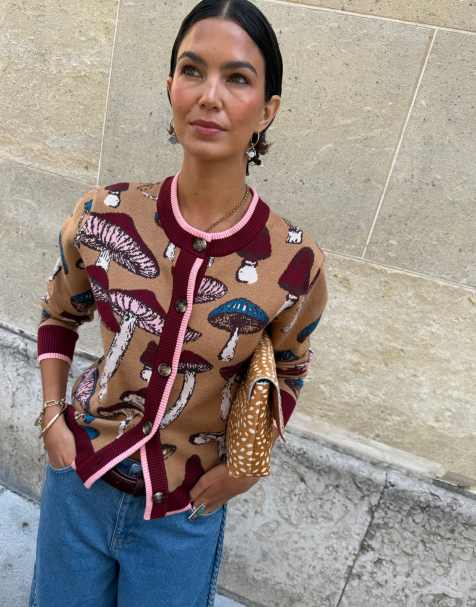 Never Fully Dressed knit crew neck cardigan in mushroom print - view 1
