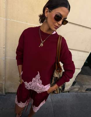 Never Fully Dressed Knit Long Sleeve Lace Hem Detail Sweater In Red