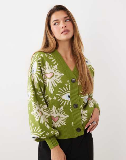 Never Fully Dressed knit v-neck diamante heart detail cardigan in green heart print - view 1
