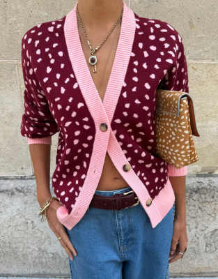 Never Fully Dressed Knit V-neck Drop Shoulder Contrast Trim Cardigan In Pink
