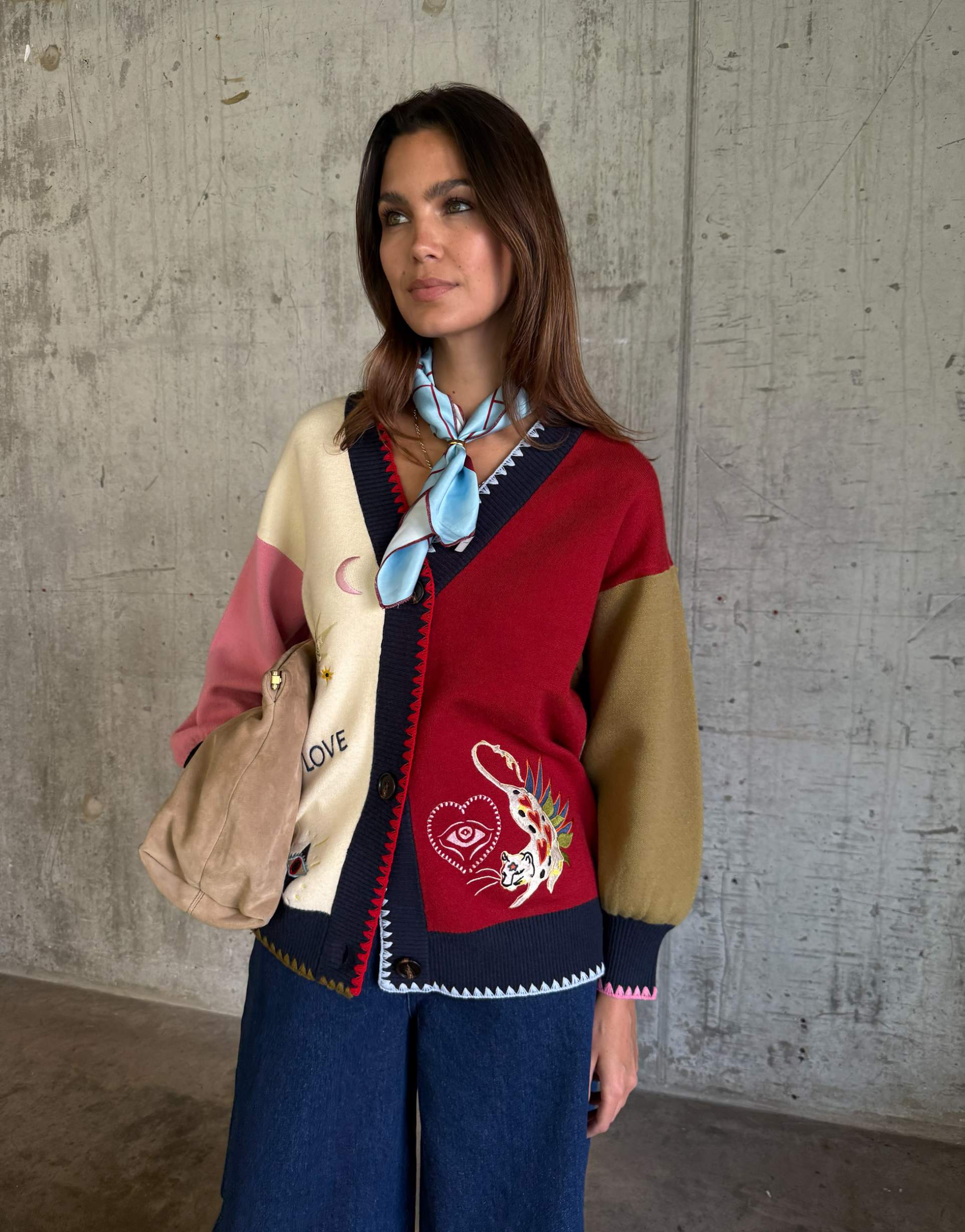never fully dressed knit v-neck embroidered color block cardigan in red and cream