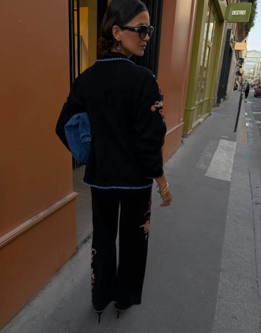 Never Fully Dressed knit wide leg scallop edge embroidered sweatpants in black - part of a set, 3 of 4