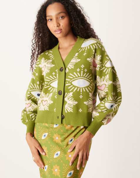 Never Fully Dressed knitted cardigan co-ord in green eye print - view 1