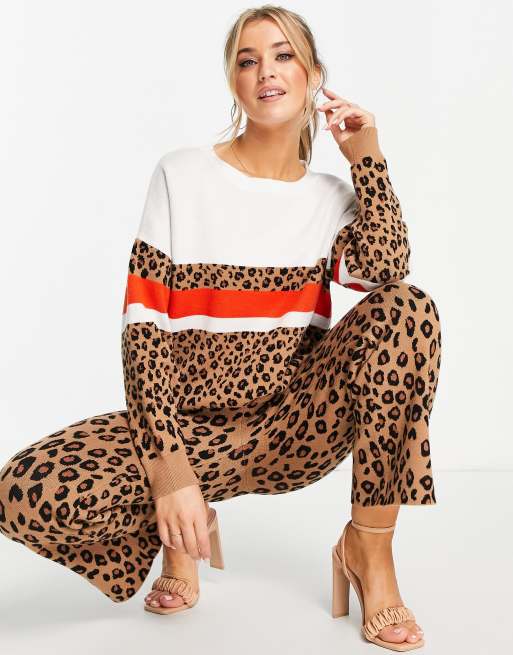 Never Fully Dressed knitted colour block jumper co-ord in contrast leopard