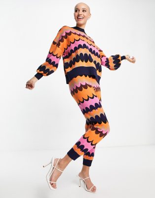 Never Fully Dressed knitted contrast cuff jogger co-ord in retro wave print-Multi