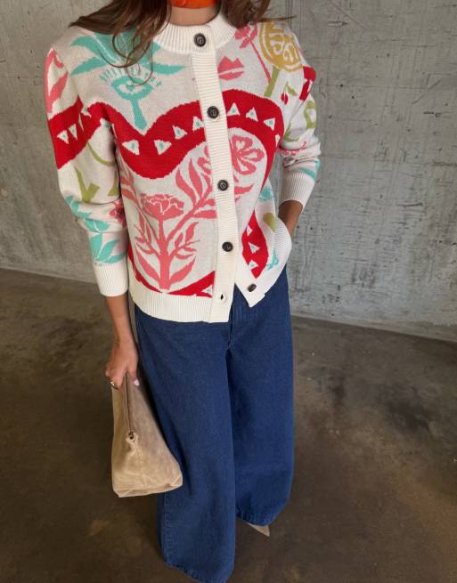 Never Fully Dressed knitted crew neck cardigan in bright graphic print, 2 of 4
