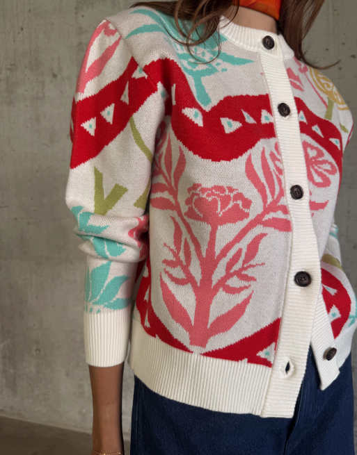 Never Fully Dressed knitted crew neck cardigan in bright graphic print, 3 of 4