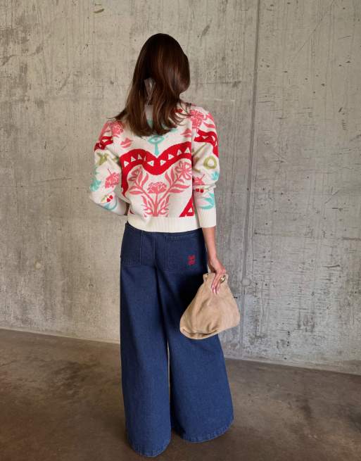 Never Fully Dressed knitted crew neck cardigan in bright graphic print, 4 of 4