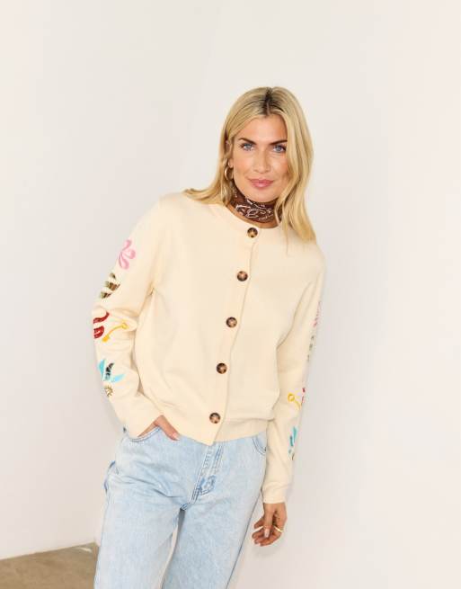Never Fully Dressed knitted cutwork embroidered cardigan in cream, 3 of 4