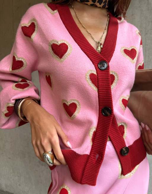 Never Fully Dressed knitted heart embroidered contrast cardigan co-ord in  pink and red | ASOS