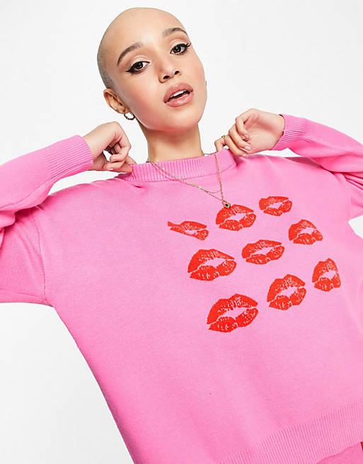 Never Fully Dressed knitted jumper co-ord in pink with red lips print