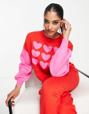 Never Fully Dressed knitted jumper in red with pink hearts (part of a set) - ASOS Price Checker