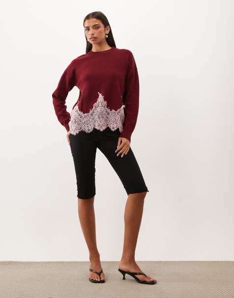 Never Fully Dressed knitted long sleeve lace hem detail jumper in burgundy - view 1