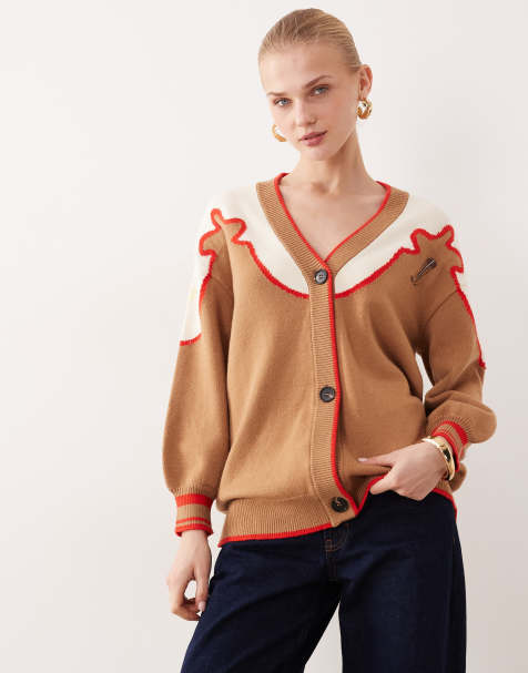 Never Fully Dressed knitted longline embroidered cardigan in brown