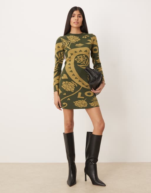 Never Fully Dressed knitted mini jumper dress co-ord in khaki print, 2 of 4