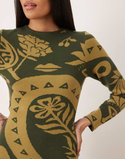 Never Fully Dressed knitted mini jumper dress co-ord in khaki print, 4 of 4