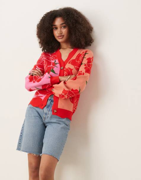 Never Fully Dressed knitted rose contrast cardigan in pink and red - view 1