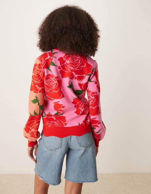 Never Fully Dressed knitted rose contrast cardigan in pink and red, 3 of 4