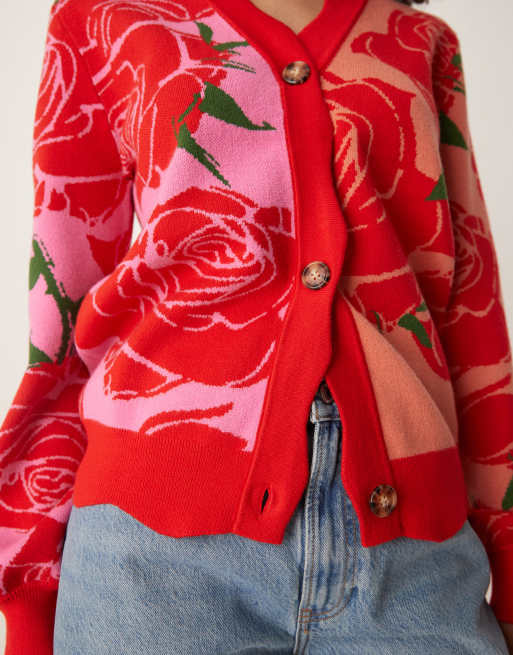 Never Fully Dressed knitted rose contrast cardigan in pink and red, 4 of 4