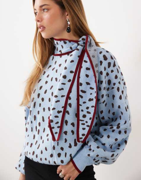 Never Fully Dressed knitted tie neck contrast trim detail jumper in blue deer print - view 1