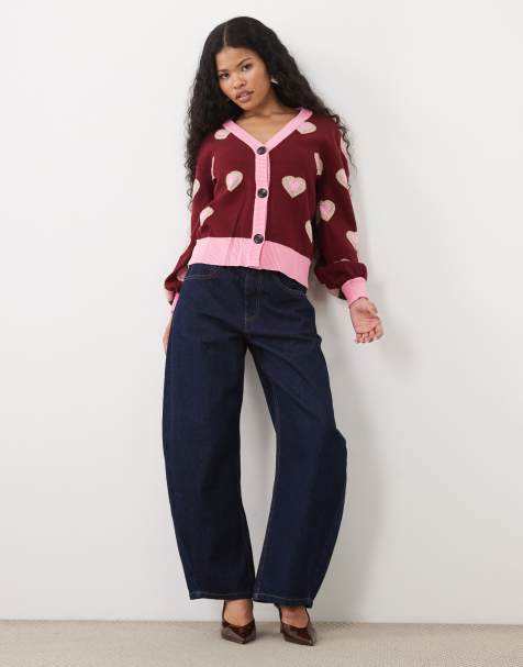 Never Fully Dressed knitted v neck  contrast trim cardigan in burgundy hearts print - view 1