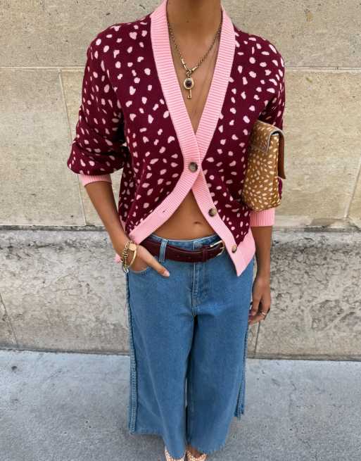 Never Fully Dressed knitted v neck dropped shoulders contrast trim cardigan in red deer print , 3 of 3