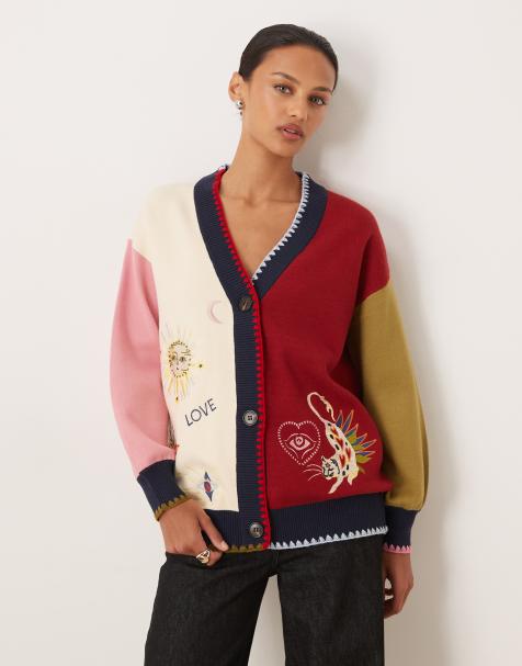 Never Fully Dressed knitted v neck embroidered colour block  cardigan in red and cream
