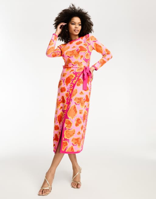 Never Fully Dressed knitted wrap midi dress in pink and orange leopard