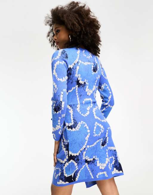 Blue animal shop print wrap dress