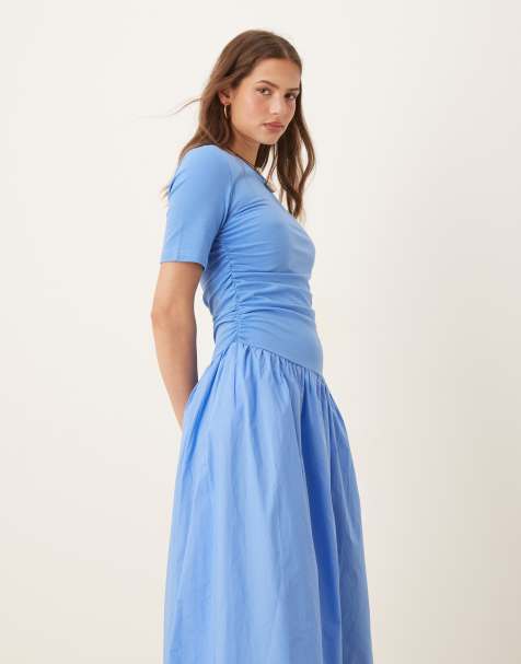 NeverFully Dressed cotton poplin drop hem maxi dress in cobalt