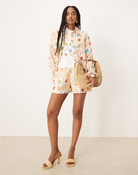 Never Fully Dressed multi-colour shell print shirt co-ord in cream
