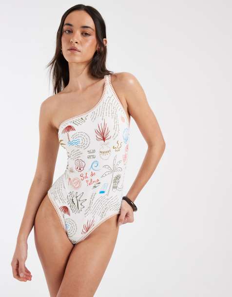 Never Fully Dressed – Kremowy strój kąpielowy na jedno ramię we wzór w palmy - view 1