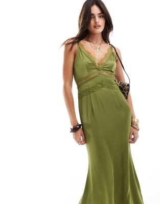 lace bodice maxi dress in olive-Green