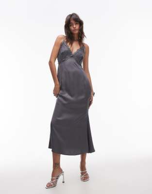 never fully dressed lace contrast midaxi dress in gray