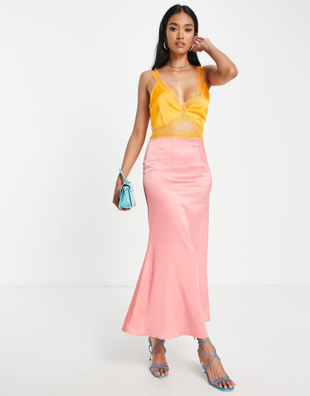 Never Fully Dressed lace cut-out satin midaxi dress in color block